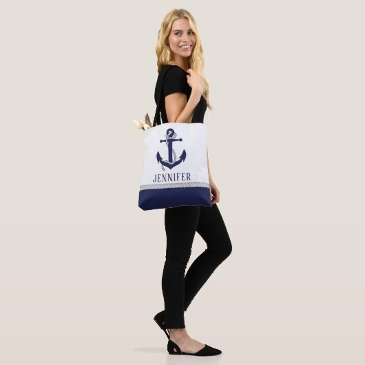 Cute Navy White Nautical Rope Anchor Monogram Tote Bag (Op model)