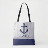 Cute Navy White Nautical Wood Anchor Monogram Tote Bag (Voorkant)