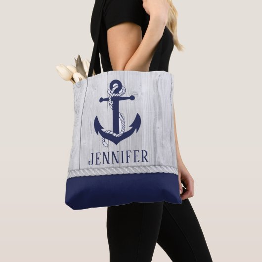Cute Navy White Nautical Wood Anchor Monogram Tote Bag (Dichtbij)