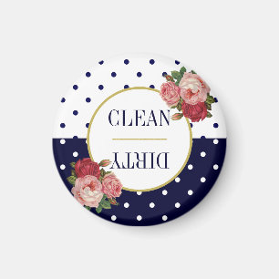 Cute Navy White Stippen Floral Clean Dirty Dishwas Magneet