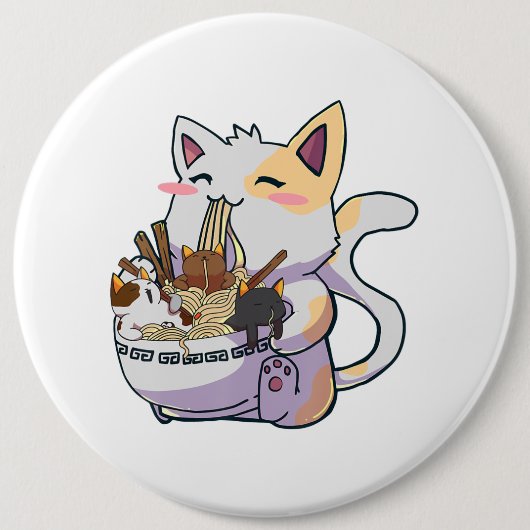 Cute Neko Cat met Ramen Noodles Bowl Anime Japan Ronde Button 6,0 Cm (Voorkant)