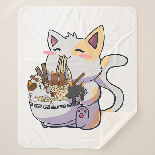Cute Neko Cat met Ramen Noodles Bowl Anime Japan Sherpa Deken (Voorkant)
