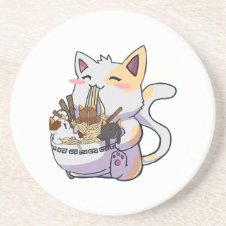 Cute Neko Cat met Ramen Noodles Bowl Anime Japan Zandsteen Onderzetter