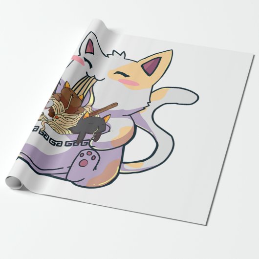 Cute Neko Cat With Ramen Noodles Bowl Anime Japan  Cadeaupapier (Uitgerold)