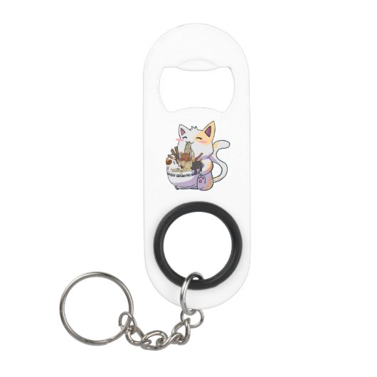 Cute Neko Cat With Ramen Noodles Bowl Anime Japan Mini Flessenopener (Voorkant)