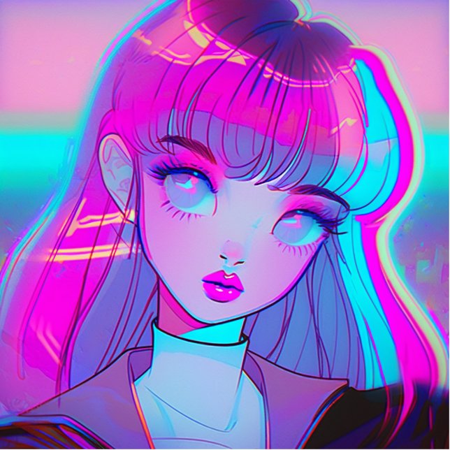 Cute Neon Anime Girl Cutout Staand Fotobeeldje (Voorkant)