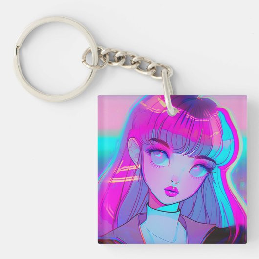 Cute Neon Anime Girl Sleutelhanger (Voorkant)