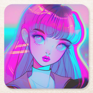 Cute Neon Anime Meisje Vierkante Papieren Onderzet Kartonnen Onderzetters