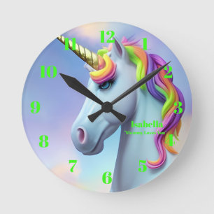 Cute Neon Green Pink Unicorn Persoonlijk Bericht Ronde Klok