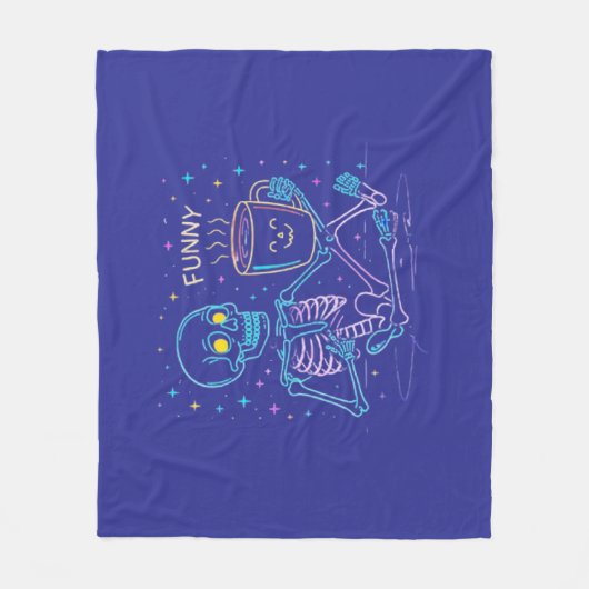 Cute Neon Skeleton Drinking Coffee – Funny Pastel Fleece Deken (Voorkant)