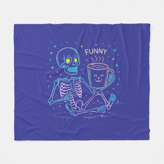 Cute Neon Skeleton Drinking Coffee – Funny Pastel Fleece Deken (Voorkant (Horizontaal))