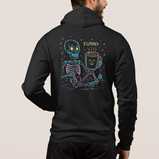 Cute Neon Skeleton Drinking Coffee – Funny Pastel Hoodie (Achterkant)