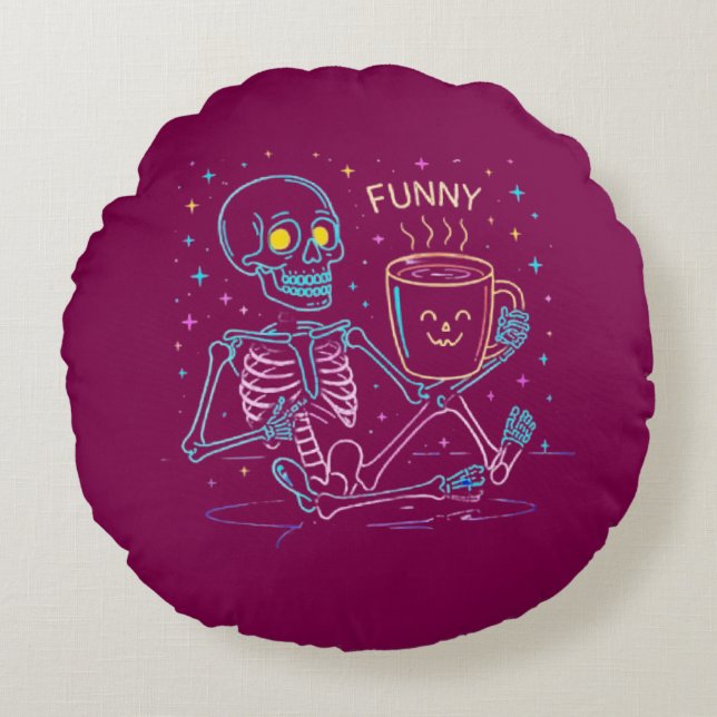 Cute Neon Skeleton Drinking Coffee – Funny Pastel  Rond Kussen (Voorkant)