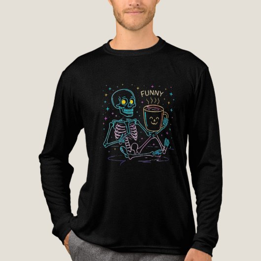 Cute Neon Skeleton Drinking Coffee – Funny Pastel Tri-Blend Shirt (Voorkant volledig)
