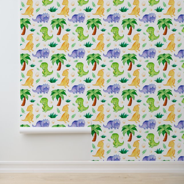 Cute Neon Waterverf Dinosaur Pattern Behang (Applicatie)