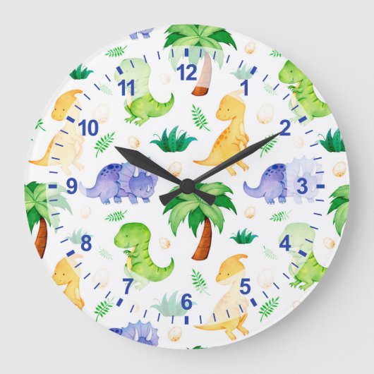 Cute Neon Waterverf Dinosaur Pattern Grote Klok (Voorkant)