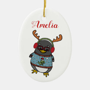 Cute Nerd Penguin   Eigen naam kerstmis Keramisch Ornament