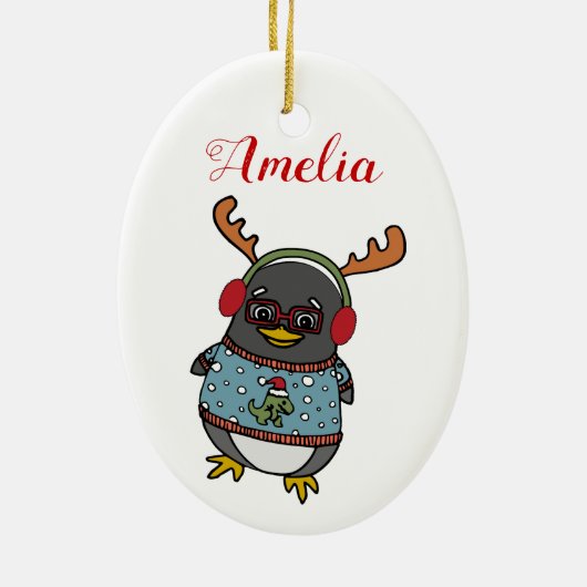 Cute Nerd Penguin | Eigen naam kerstmis Keramisch Ornament (Achterkant)