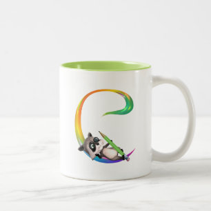 Cute Nerd Raccoon Monogram C Tweekleurige Koffiemok