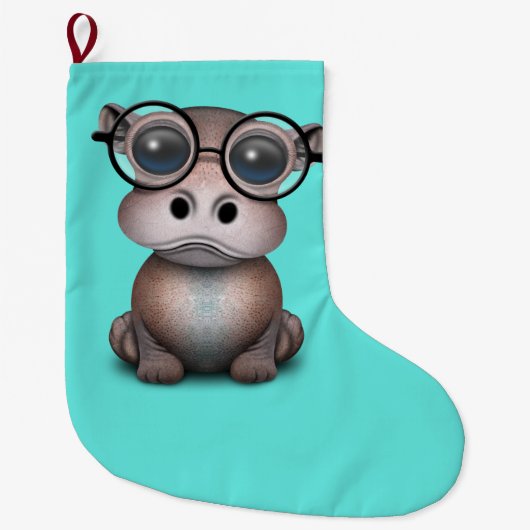 Cute Nerdy Baby Hippo Wearing Glasses Grote Kerstsok (Voorkant)
