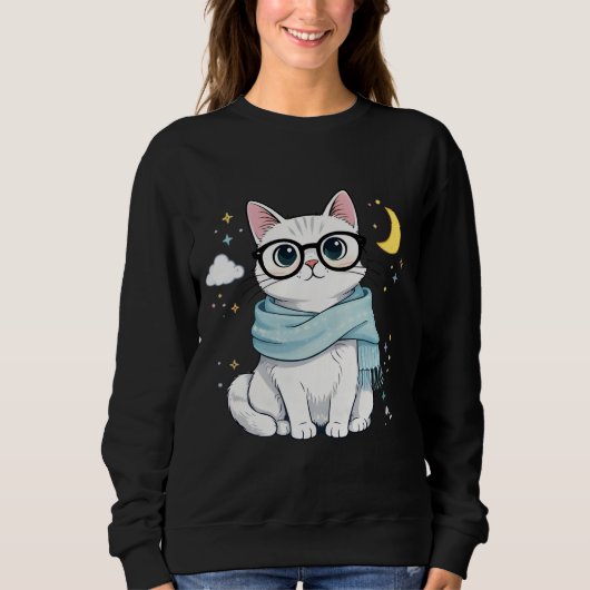Cute Nerdy Cat with Glasses and Scarf Trui (Voorkant)