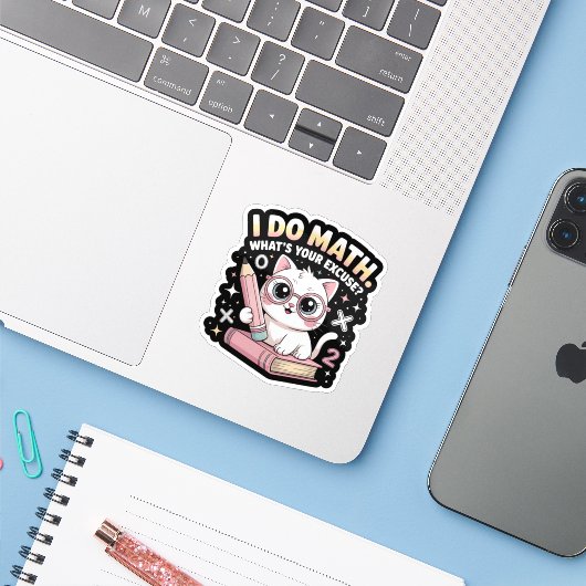 Cute Nerdy Cat with Glasses – Funny Math Teacher Sticker (Laptop met iPhone)