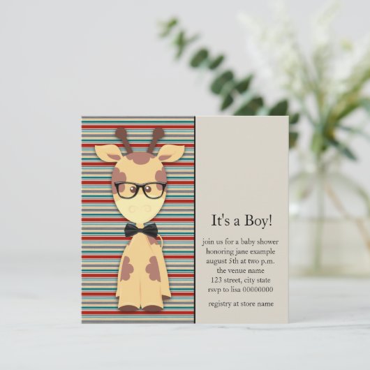 Cute Nerdy Geek Giraffe Baby Boy Shower Kaart (Staand voorkant)