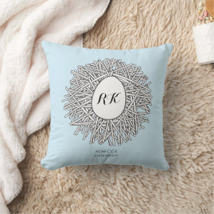 Cute Nest & Egg Personalized Initialen & Name Blue Kussen