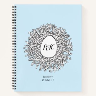 Cute Nest & Egg Personalized Initialen & Name Blue Notitieboek