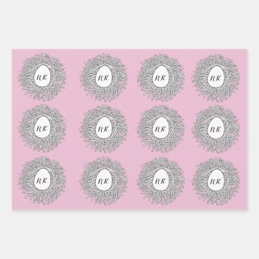 Cute Nest & Egg Personalized Initialen & Name Pink Inpakpapier Vel (Voorkant 3)