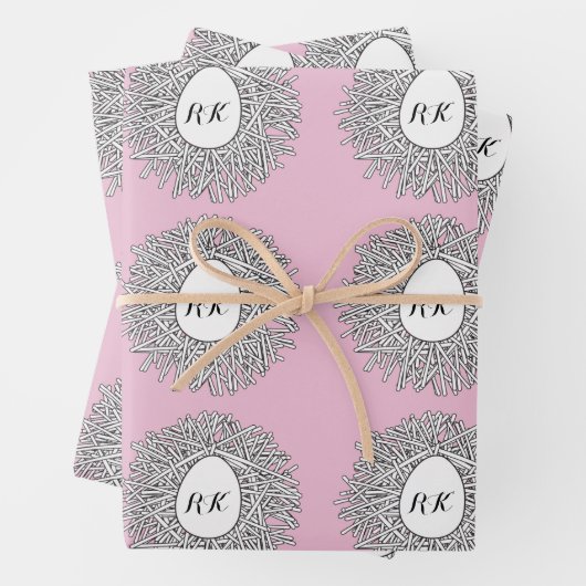 Cute Nest & Egg Personalized Initialen & Name Pink Inpakpapier Vel (In situ)