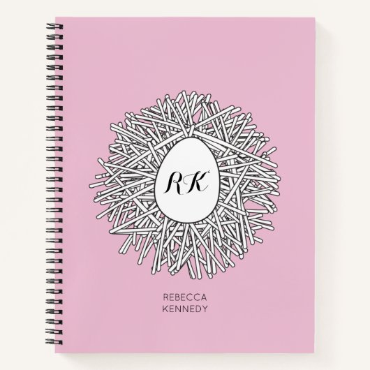 Cute Nest & Egg Personalized Initialen & Name Pink Notitieboek (Voorkant)