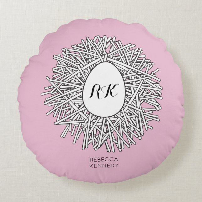Cute Nest & Egg Personalized Initialen & Name Pink Rond Kussen (Voorkant)