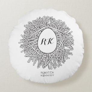 Cute Nest & Egg - Persoonlijke Initialen en naam Rond Kussen