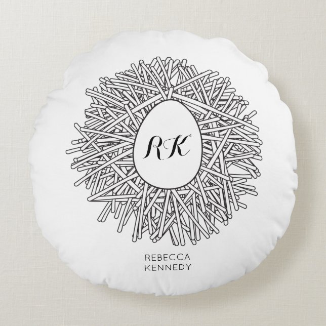 Cute Nest & Egg - Persoonlijke Initialen en naam Rond Kussen (Voorkant)