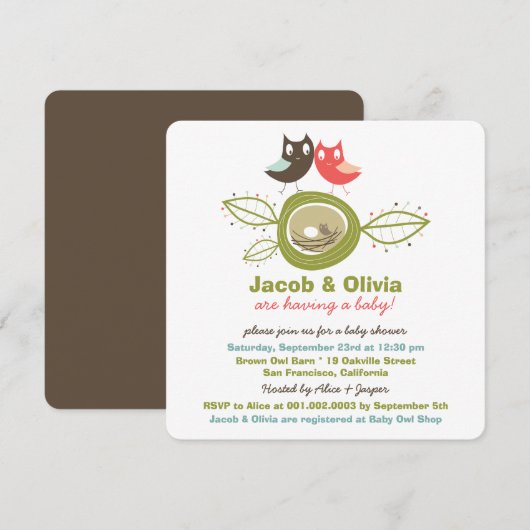 Cute Nesting Owl Family Baby shower Invitation Kaart (Voorkant / Achterkant)
