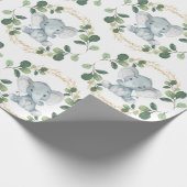 Cute Neutral Elephant Greenery Gold Baby Birthday Cadeaupapier (Hoek)