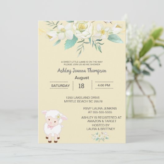 Cute Neutral Floral Lamb Baby shower Invitation Kaart (Staand voorkant)
