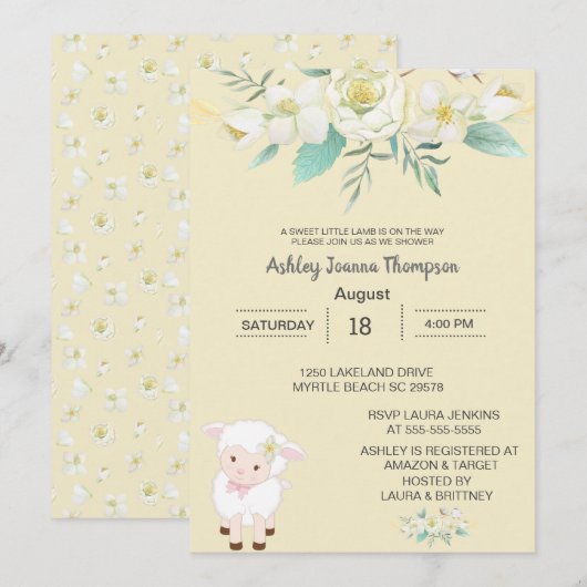 Cute Neutral Floral Lamb Baby shower Invitation Kaart (Voorkant / Achterkant)