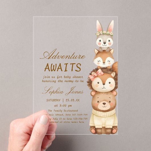 Cute Neutral Forest Animals Baby Shower Invitation Acryl Uitnodigingen (Insitu (Draagbaar))