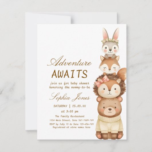 Cute Neutral Forest Animals Baby Shower Invitation Kaart (Voorkant)