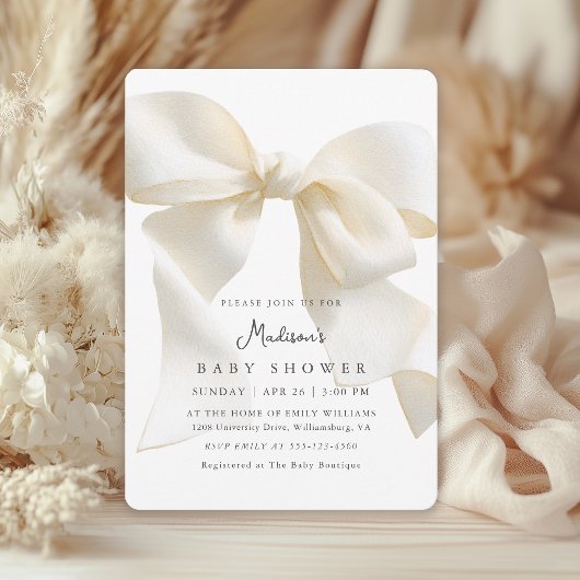 Cute Neutral Ivory Coquette Bow Baby Shower Kaart