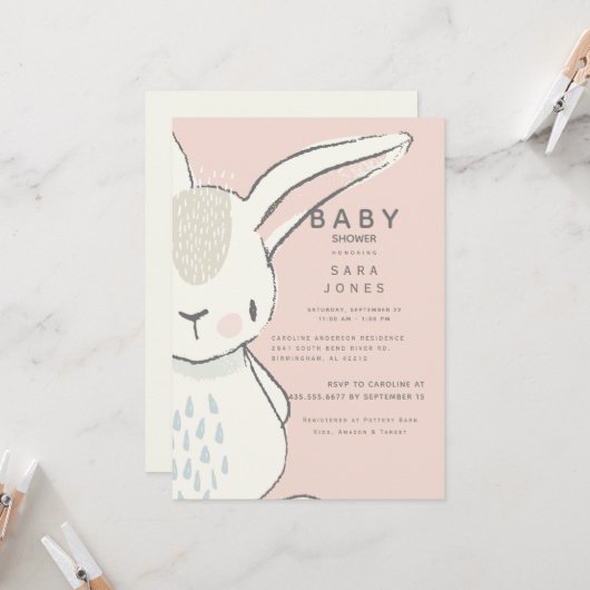 Cute Neutrale Waterverf Rabbit Baby Pink Shower Kaart (Voorkant / Achterkant in situ)