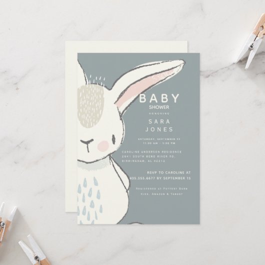 Cute Neutrale Waterverf Rabbit Baby shower Kaart (Voorkant / Achterkant in situ)