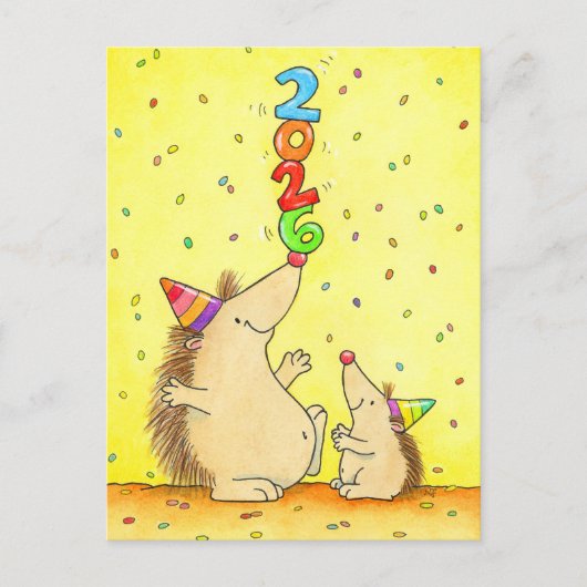 Cute New Year 2026 – Cartoon Hedgehogs for Kids Briefkaart (Voorkant)