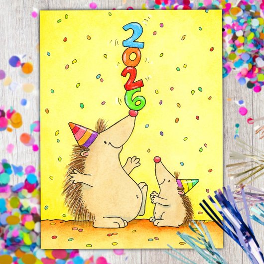 Cute New Year 2026 – Cartoon Hedgehogs for Kids Briefkaart