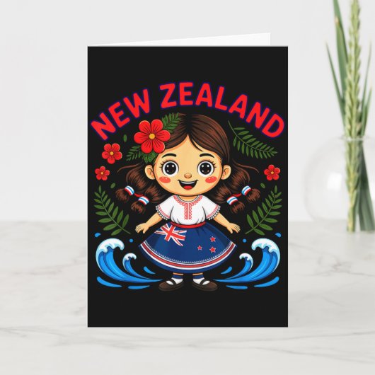 Cute New Zealand Girl With Fern And Waves Dor Kids Kaart (Voorkant)