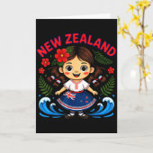 Cute New Zealand Girl With Fern And Waves Dor Kids Kaart (Gele Bloem)
