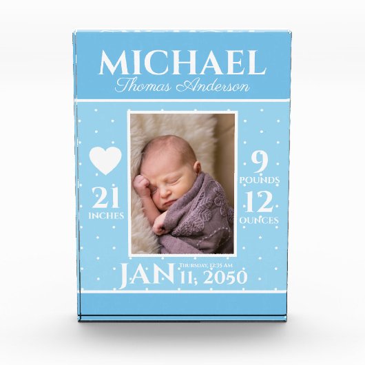 Cute Newborn Baby Birth Stats Blue Polka Dots Fotoblokken (Voorkant)
