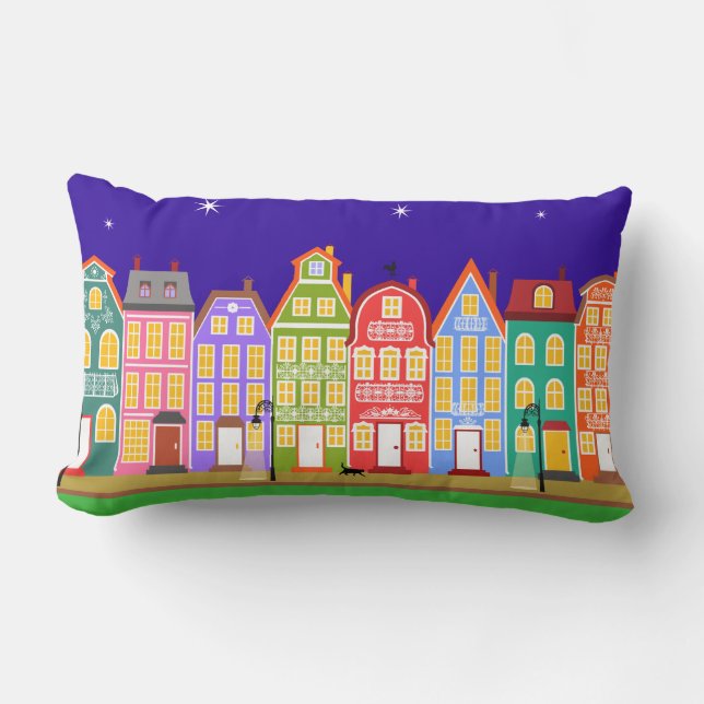 Cute Night Town Walking Cat Pillow Kussen (Voorkant)